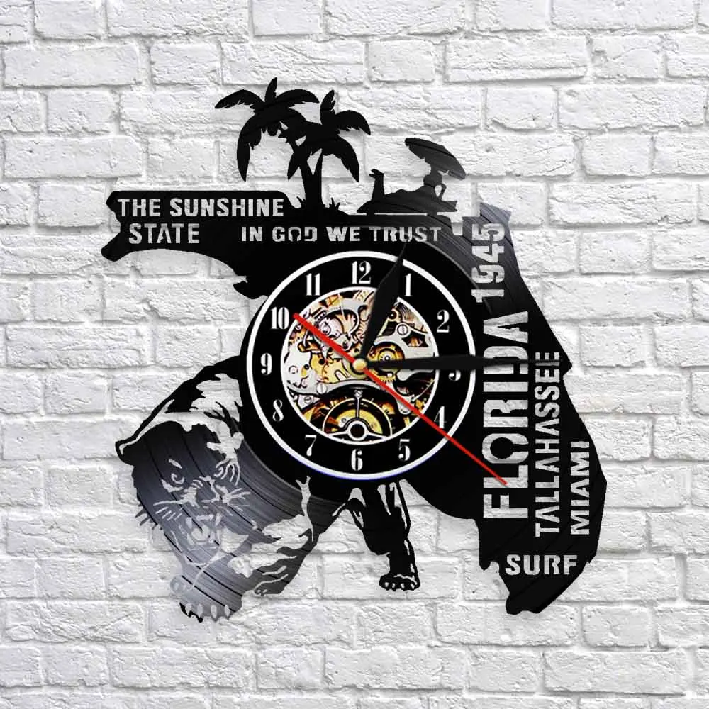 USA Florida State Coconut Cityscape Vinyl Record Wall Clock The Sunshine State In God We Trust Hanging Decor Art Travel Gift