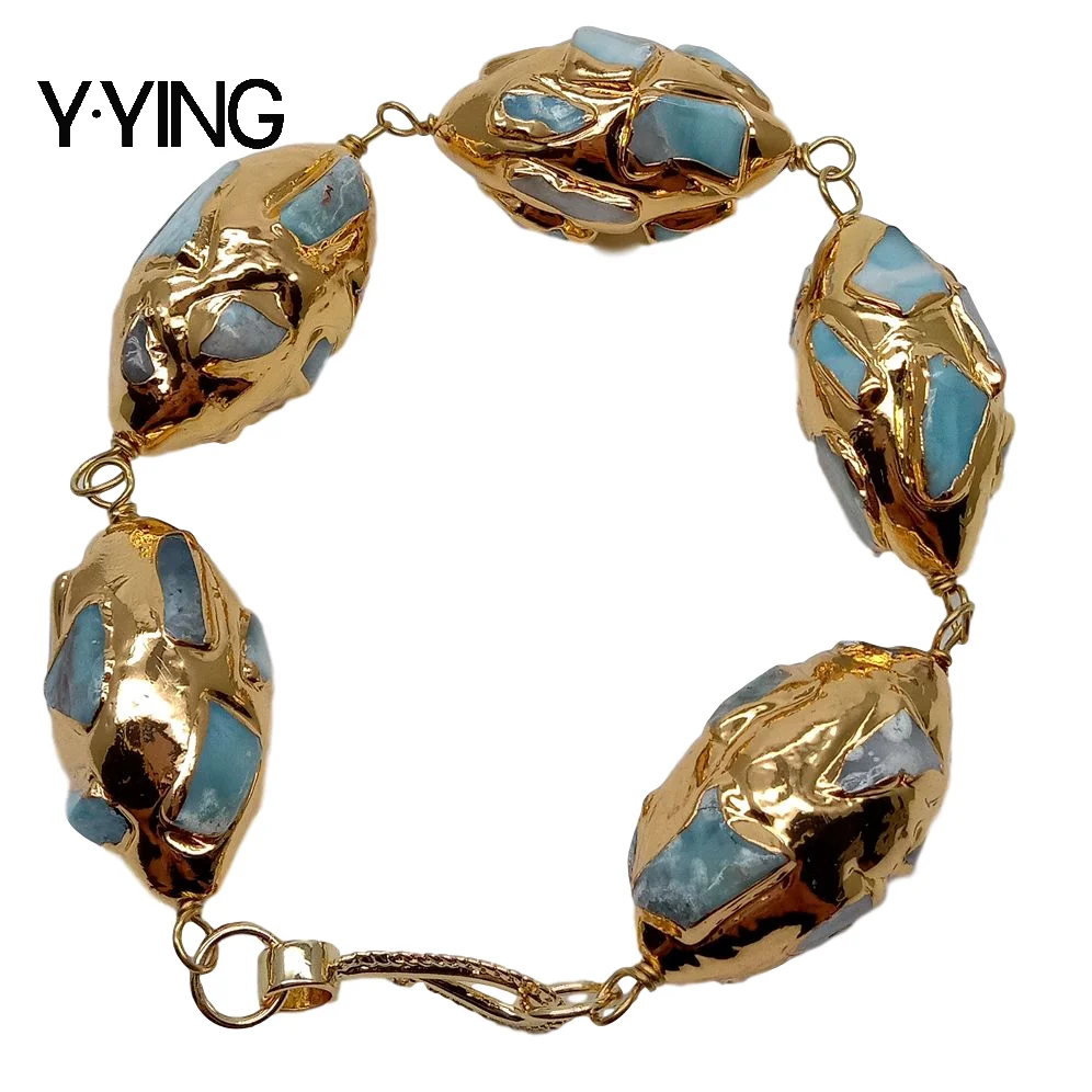 Y·YING Natural Blue Larimar Gold Color Plated Olive Shape Bracelet Ethnic Style Handmade For Women