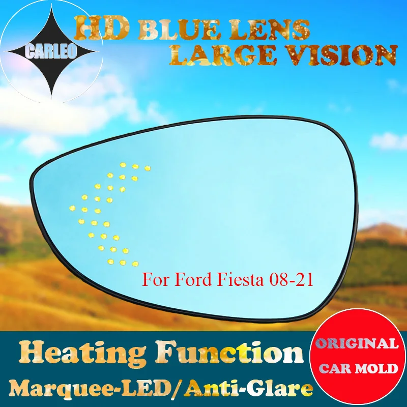 

1 Pair Car Side View Mirror Lens for Ford Fiesta 2008-2021 Blue Glass Large view With Heating Blind Spot Warning Marquee LED