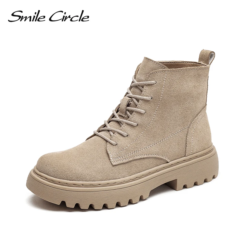 Smile Circle-Botines de piel de ante para mujer, botas cortas con plataforma plana, zapatos a la moda, Otoño e Invierno