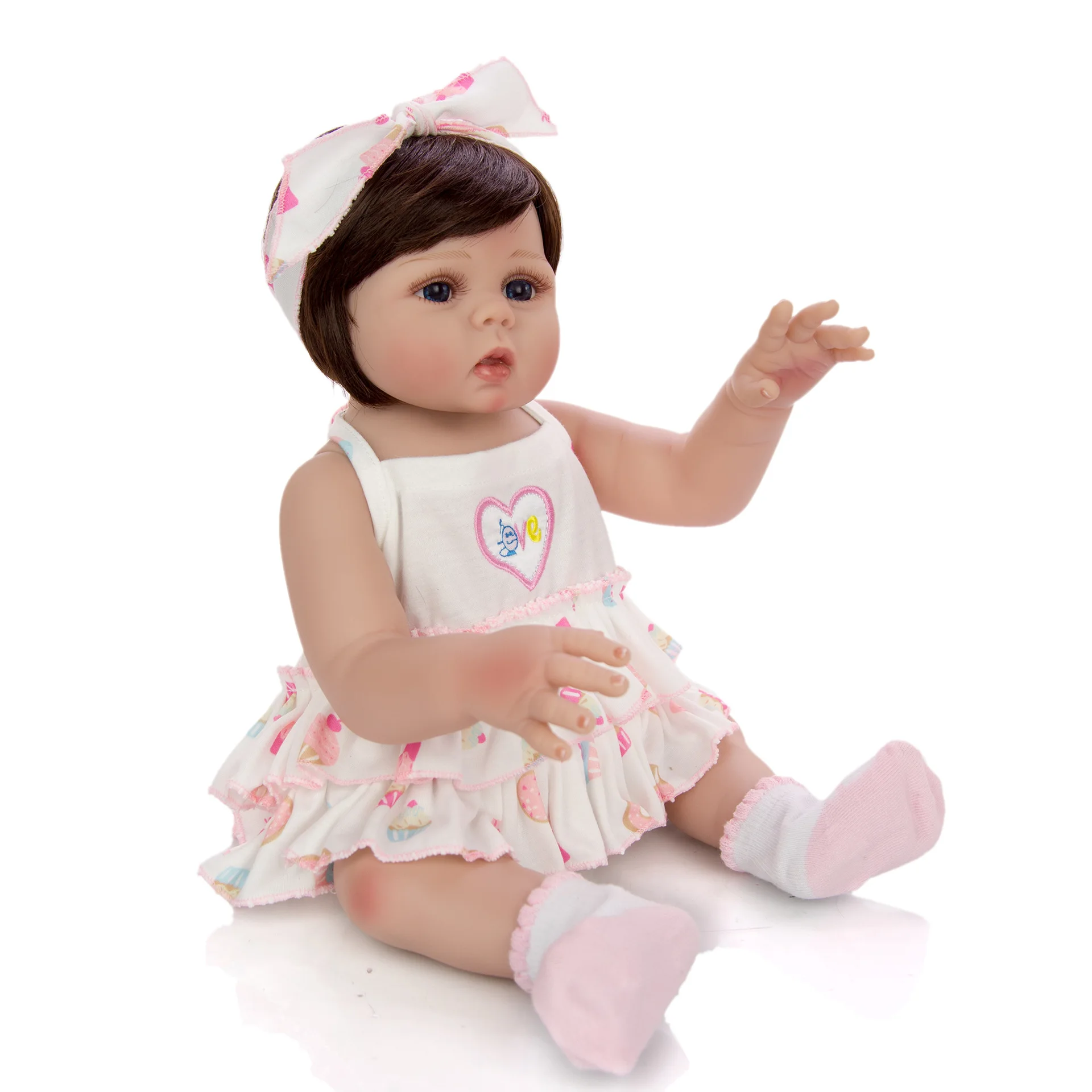 

Bebe 19 inch rebirth doll, simulation baby, suspender skirt, bow headdress, children's festival gift, children's growth playmate