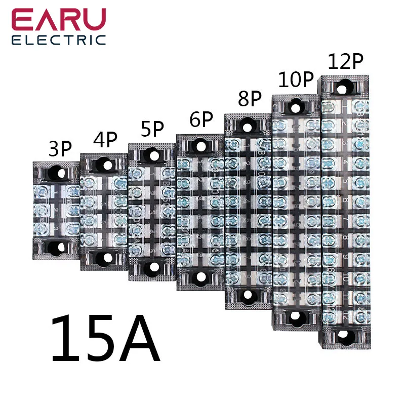 15A 600V Dual Row Barrier Screw Terminal Block Wire Connector TB Series 3 4 5 6 8 10 12 16 20 Positions Ways Factory Wholesale