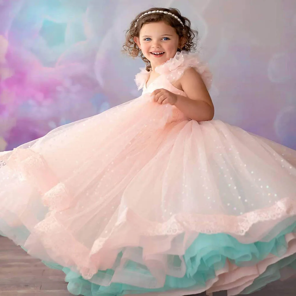 V-hals Sleeveless Lace Tulle Meisjes Pageant Een Lijn Bloem Meisjes Jurken Baby Kinderen Feestjurk Jurk