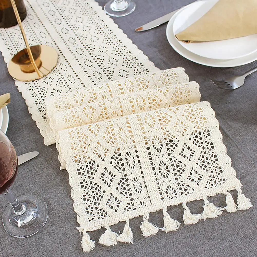 Nordic Style Macrame Table Runner Hollow Out Handmade Woven Tassels Bohemian Rustic Tapestry Tablecloth Cover Decoration