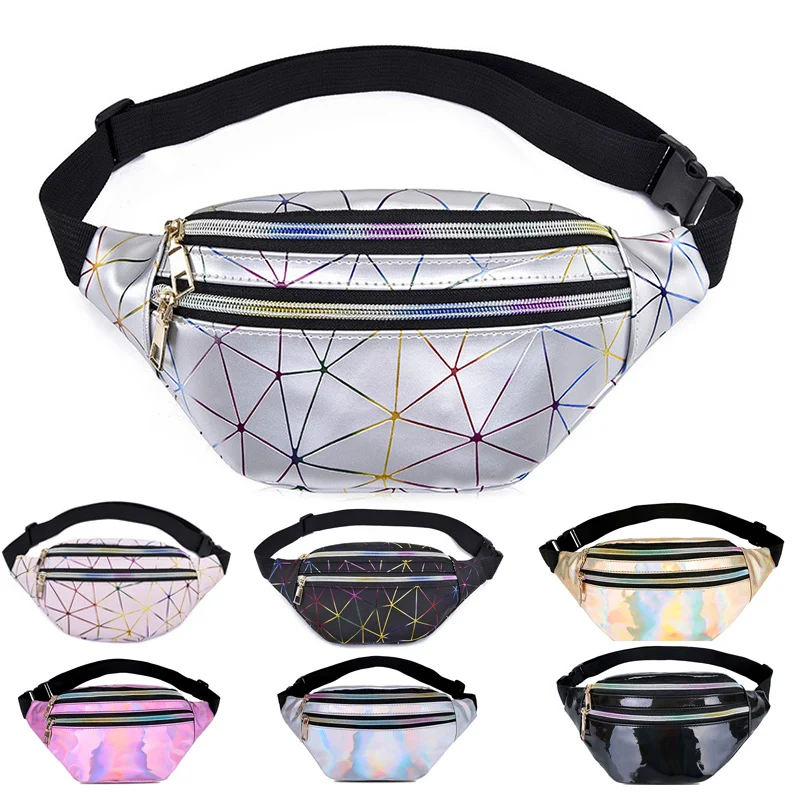 

New Holographic Waist Bags Women Pink Silver Fanny Pack Female Leather Belt Bag Geometric Waist Packs Laser Chest Phone Pouch