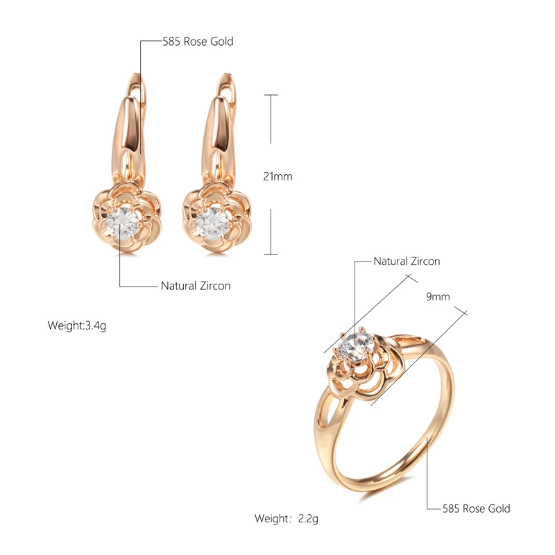 Kinel Trend Unusual Crystal Flower Earrings Ring Sets 585 Rose Gold Natural Zircon Drop Earrings Creative Wedding Jewelry Set