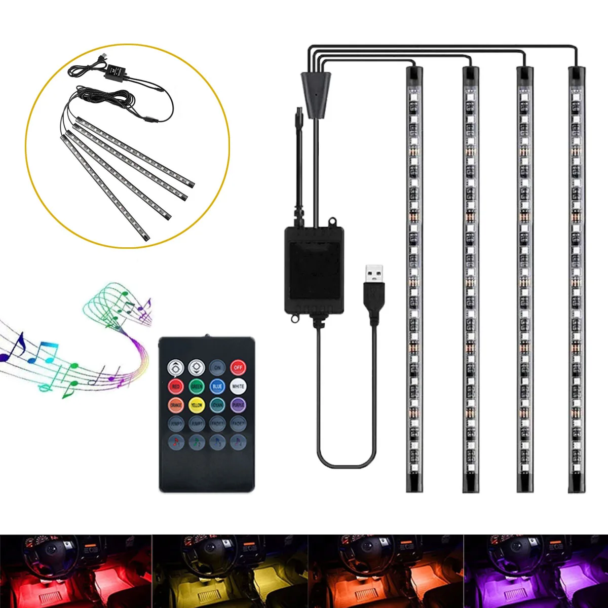 72 LED Car Foot Ambient Light Music Control Multiple Modes Auto Interior Decorative Lamp Bulb With USB Wireless Remote