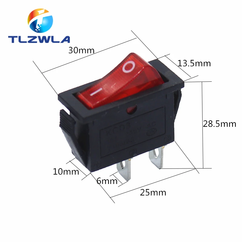 10PCS KCD3 ON-OFF 16A 2Pin Dot Illuminated SPST Snap-In Rocker Switch Single Pole 2 Position With 12/220 Volt