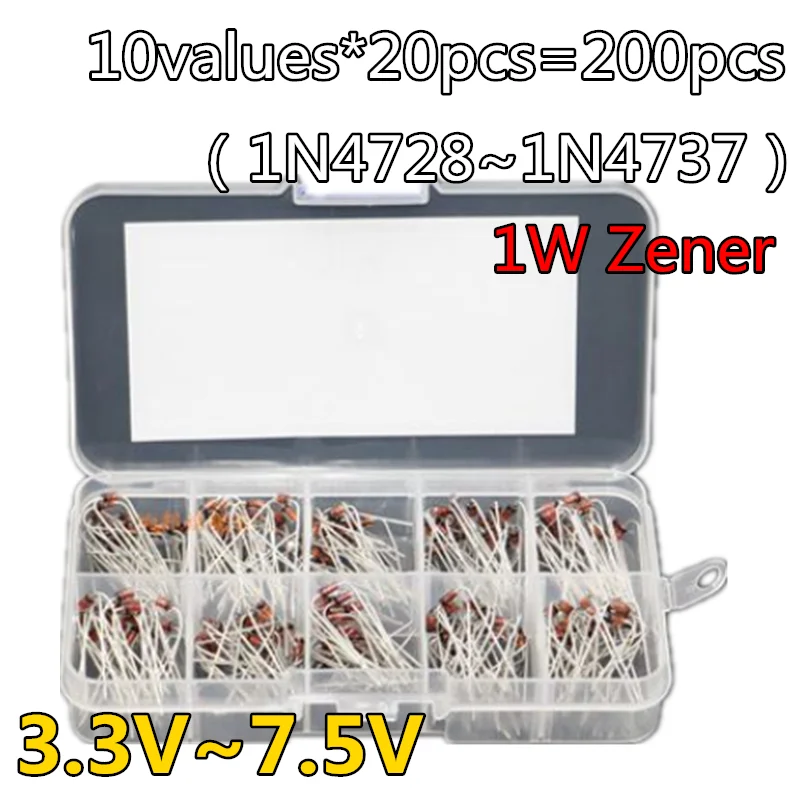 10valuesX20pcs=200pcs 1W Zener Diode Box Kit 3.3V~7.5V 1N4728 1N4729 1N4730 1N4731 1N4732 1N4733 1N4734 1N4735 1N4736 1N4737