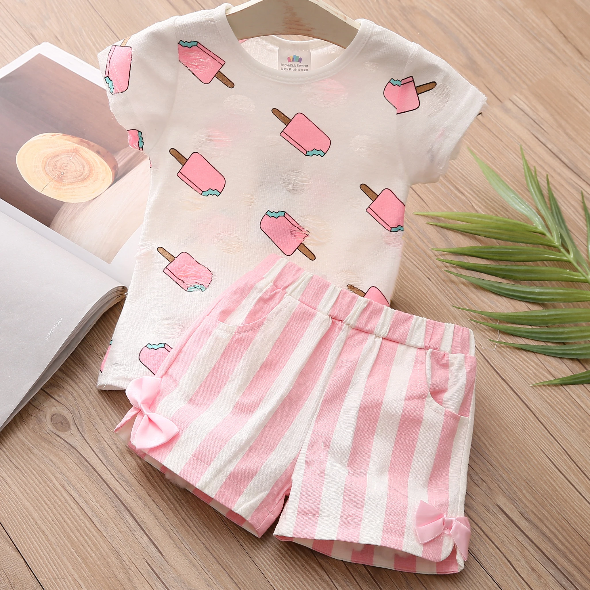 2024 Summer Cotton 2 3 4 6 8 10 Years Children Clothin Ice Cream Print White Pink T-Shirt+Stripe Bow Shorts 2 Pcs Kids Girl Set