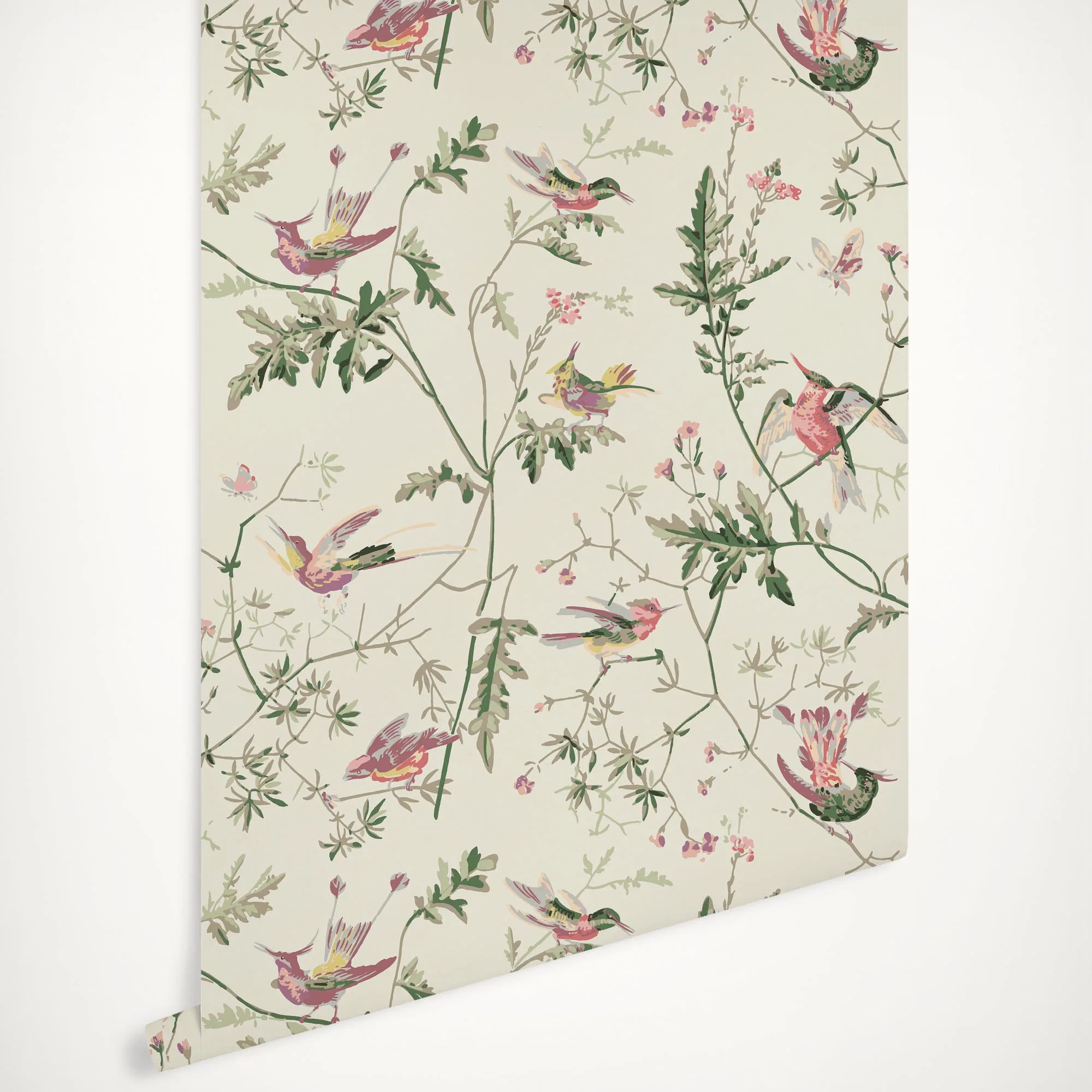 Humming Birds nordic wallpaper composed of exotic birds with multicoloured feathers, Scandinavian style Wallpaper