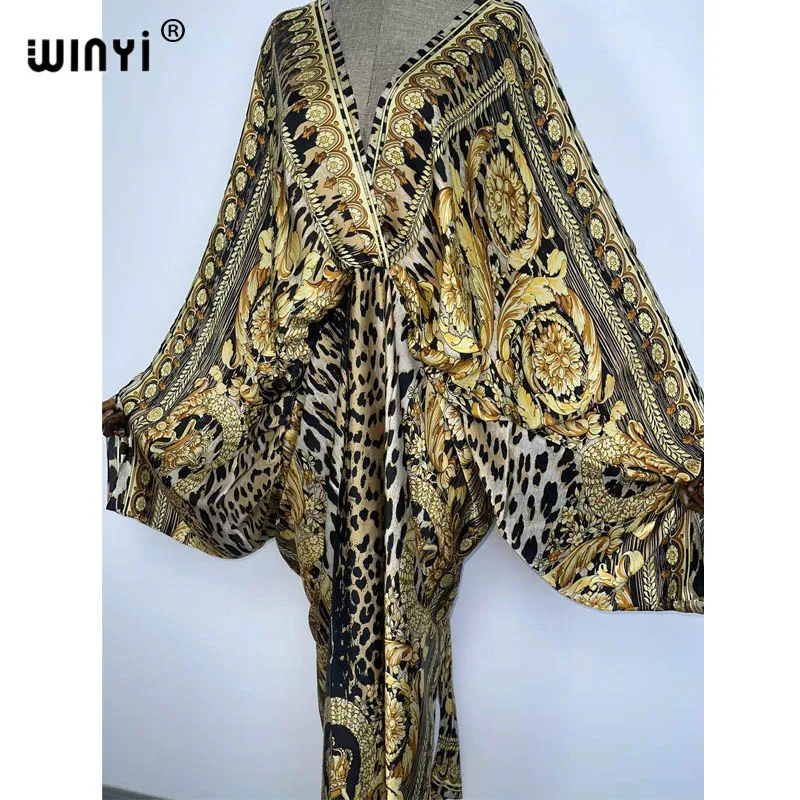 Kaftan Pantai Seksi Kaftan Merasa Sutra Rayon Mode Cetak 2021 WINYI Maxi Jubah Wanita Panjang Sukienka V-neck Bohemian Gaun