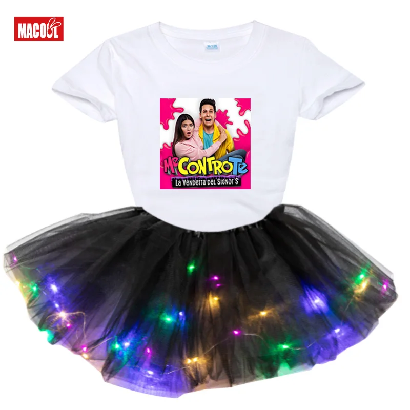 Girls Clothing Sets 2Pcs Casual Me Contro Te Girls Sets Princess Light LED Tutu Dress+t Shirt 2020 Summer Costume Clothes Cotton