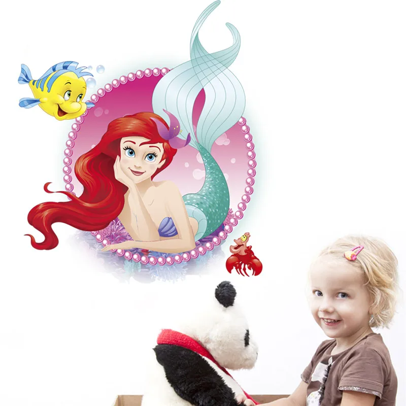 Cartoon Mermaid Ariel Princess With Flounder Froude Wall Stickers For Girls Room Home Bathroom Decoration Art Decals