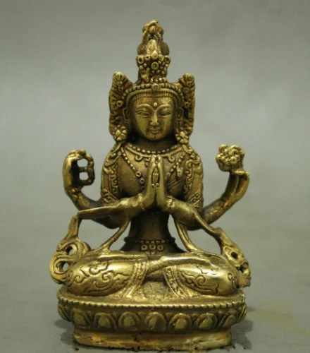 

Folk China Tibet Tibetan Brass Buddhism Kwan-Yin 4 Arms Chenrezig Buddha Statue