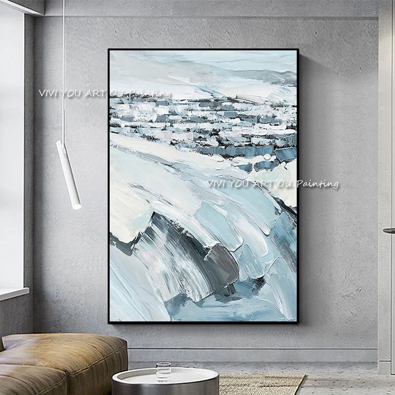 100% Hand Painted Palette Knife Winter Mountain Oil Painting, Impasto Textured Snow Landscape Vertical Canvas Wall Art