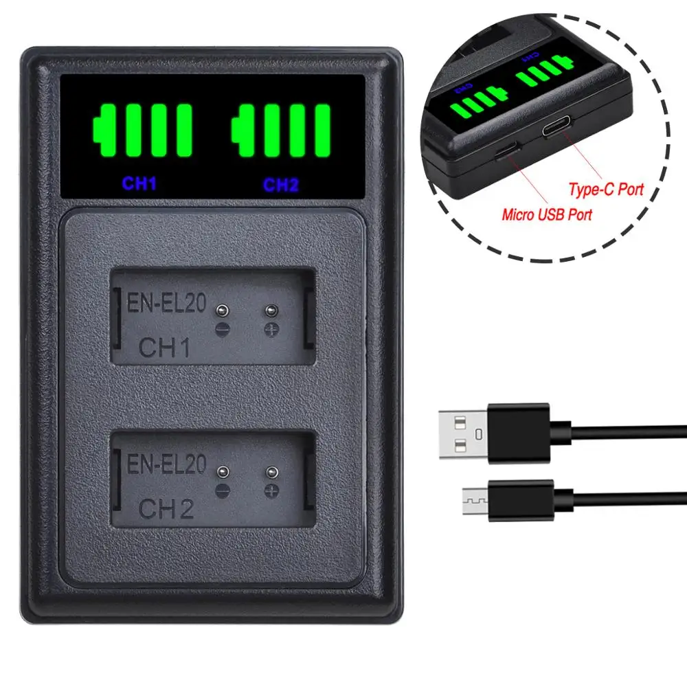 Batmax EN-EL20 EL20 Battery+LED Dual Charger with Type C Port For Nikon EN-EL20a Coolpix P1000 P950 Nikon1 J1, J2, J3 Nikon1 AW1