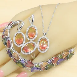 Gradient Red Semi-precious Silver Color Jewelry Sets for Women Earrings Bracelet Rings Necklace Pendant Gift Box