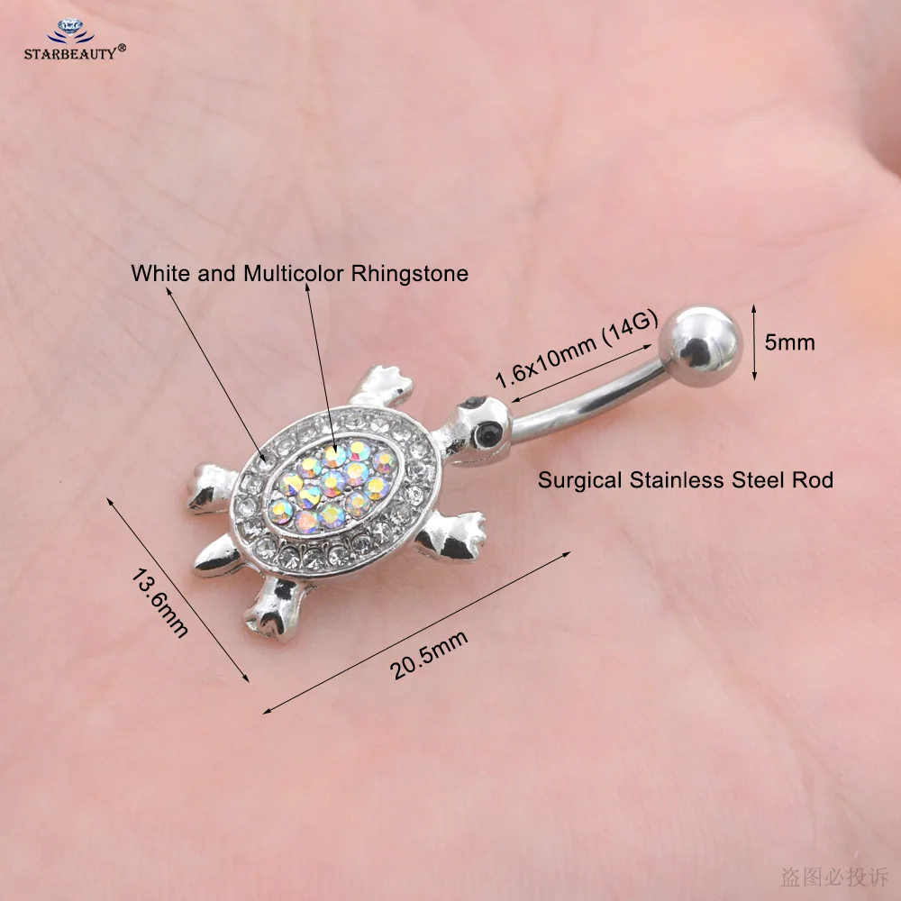 Rainbow Crystal Tortoise Navel Ring Body Piercing Jewelry Turtle Belly Button Rings Women Surgical Steel Belly Piercing Bar 14G
