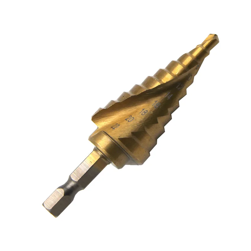 1PCS hexagonal shank spiral groove titanium-plated step drill 4-22mm pagoda drill hole drilling tool.