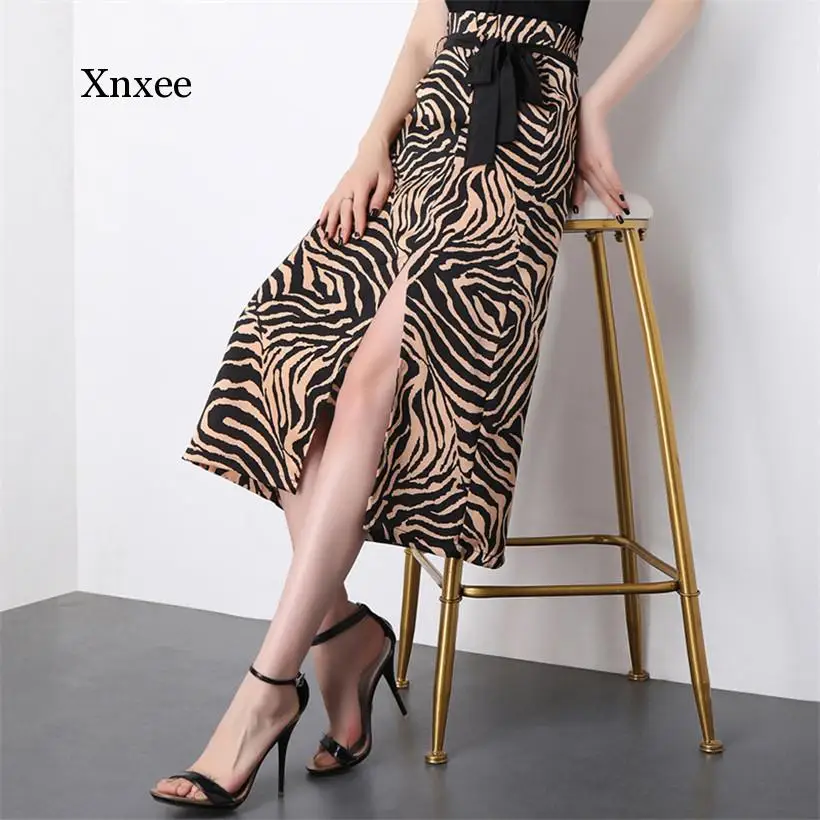 Tiger Pattern Midi Skirts Lace Up Vintage High Waist Women Sexy Split Female Temperament Package Hip Skirt with Belt Lady Bottom