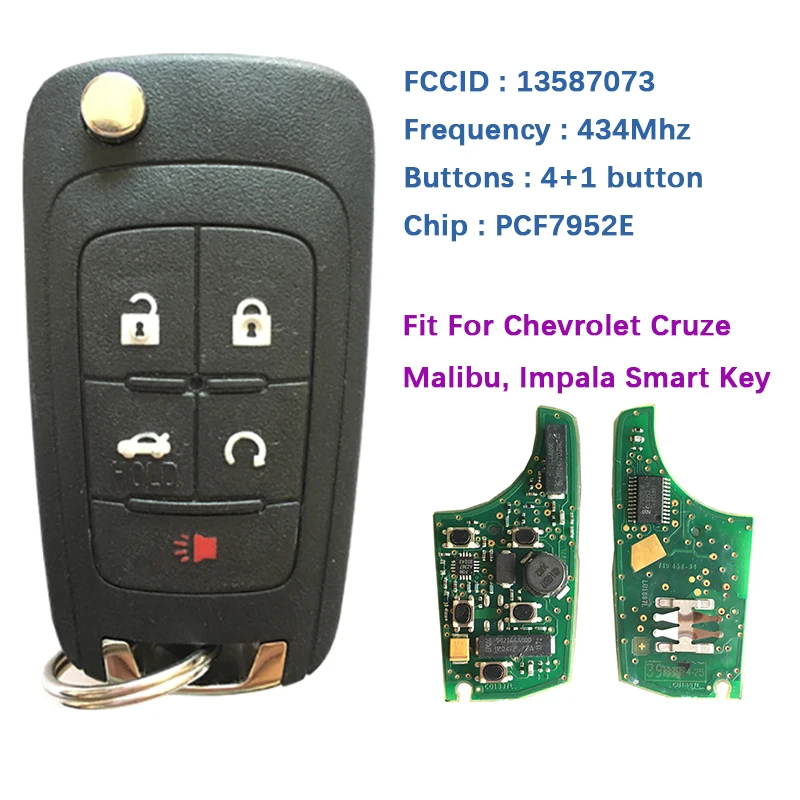 

CN014059 5 Button Remote Smart Key For Chevrolet Cruze Malibu Impala Keyless Go With PCF7952E Chip 433MHz HU100 Blade 13587073