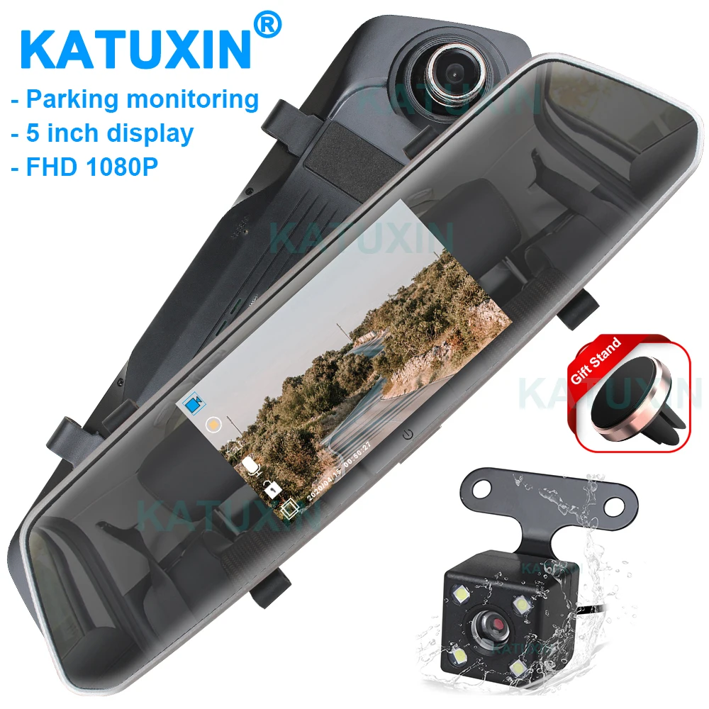 

KATUXIN 5 Inch Car Rearview Mirror Recorder Parking Video Monitor IPS Screen 1080P Dual Camera Dash Cam DVR XR805