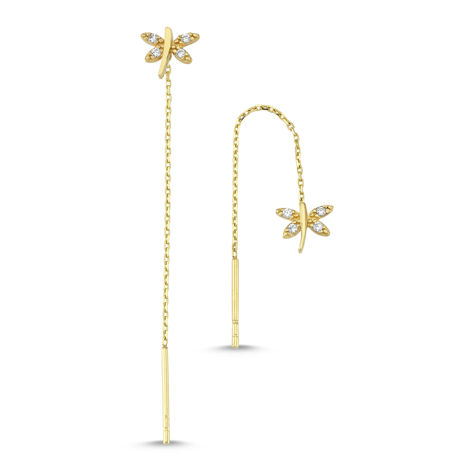 14K Real Gold Dragonfly Eardrops Earrings