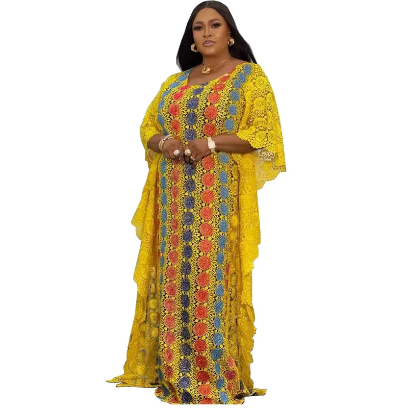 Lace Abaya African Dresses For Women Bazin Rich Dashiki Strip Flowers Muslim Long Maxi Dress Africa Clothing Traditional Robe