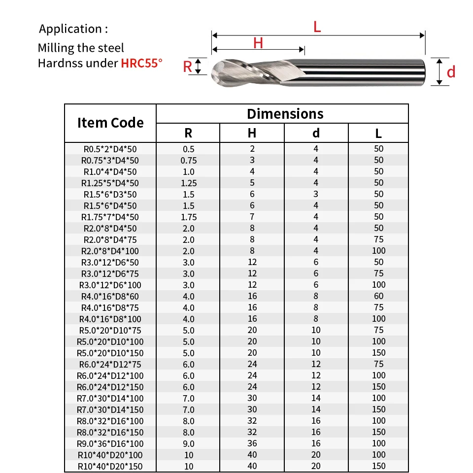 VACK-Fresa de extremo de punta de bola HRC55, fresa de aluminio, carburo, 2 flautas, broca de enrutador de acero de tungsteno, herramientas de corte Cnc R0.5 R1 R2