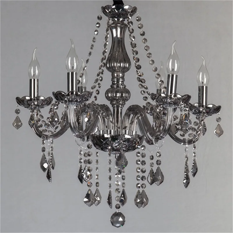 OUFULA Modern Chandelier LED Candle Pendant Lamp Crystal Smoky Grey Lighting Fixtures Indoor for Home Hotel Hall