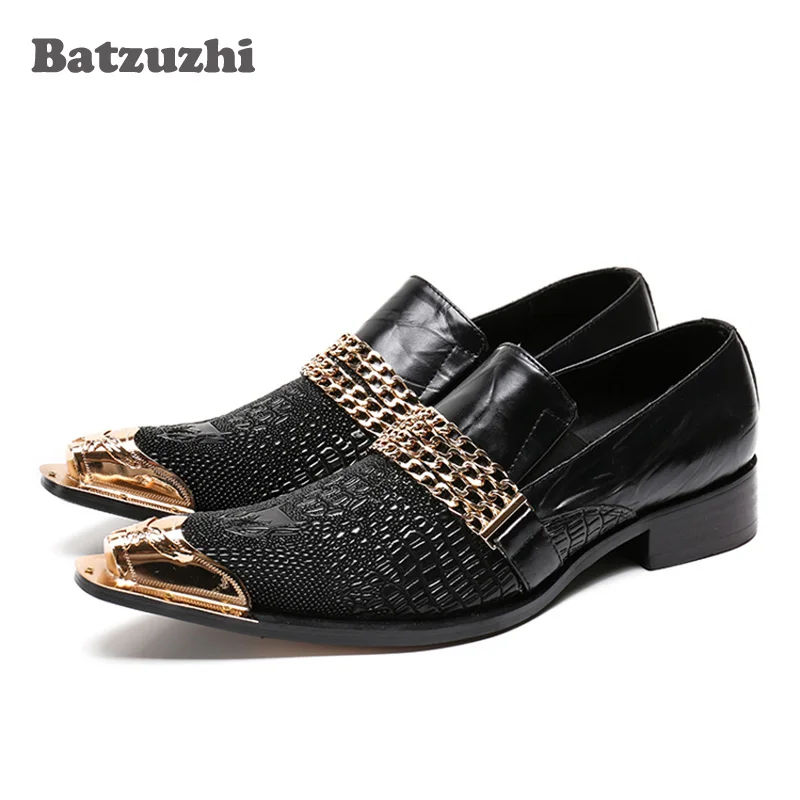 

Batzuzhi Brand New Men Shoes Gold Metal Pointed Toe Leather Shoes Men Black Wedding Party Oxfords Flats Zapatos Hombre, 38-46