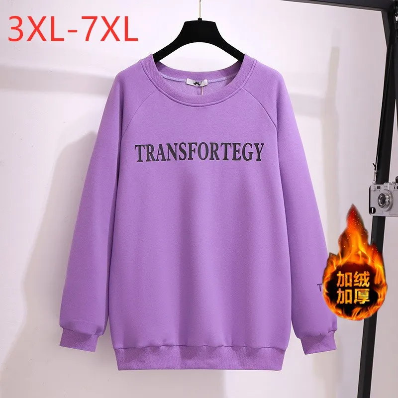 

New Autumn Winter Plus Size Women Clothing Oversize Pullover Long Sleeve Velvet Purple Print Sweatshirt Coat 3XL 4XL 5XL 6XL 7XL