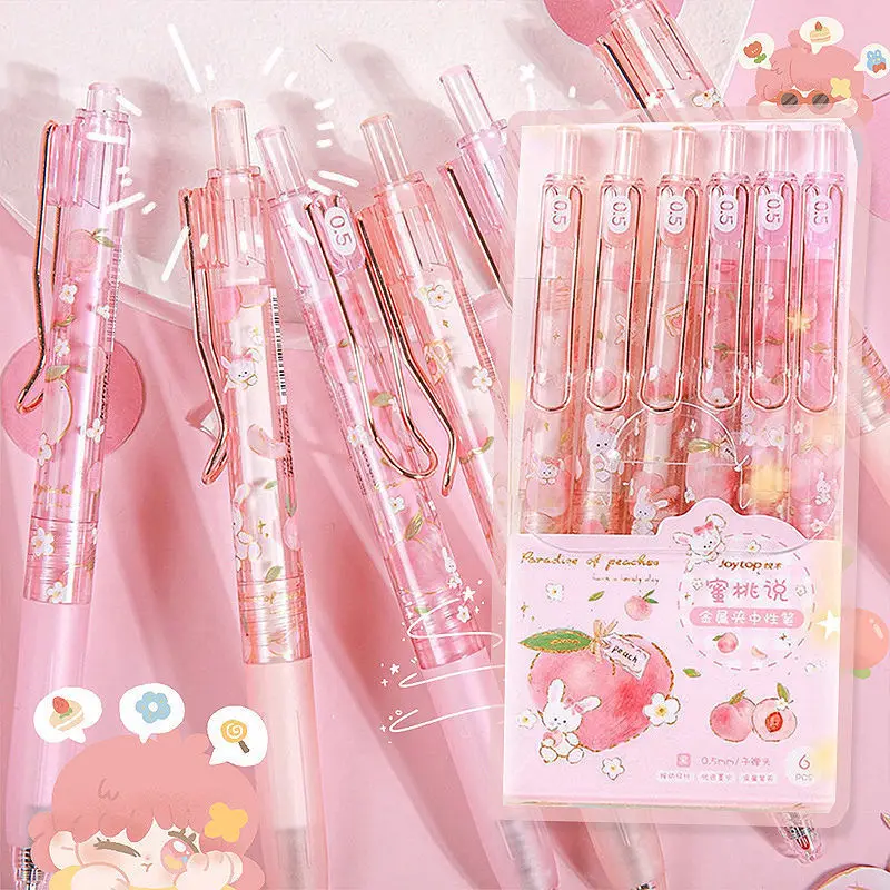 6PCS/SET 0.5mm Gel Pens Kit kawaii Pink Peach Cute Black Pen Sakura Writing Tool School Supplies korean Stationery Metal Clip