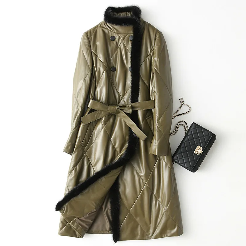 

Leather Jacket Women Winter Sheepskin Genuine Leather Jacket Real Mink Fur Collar Duck Down Long Coat Chaqueta Mujer