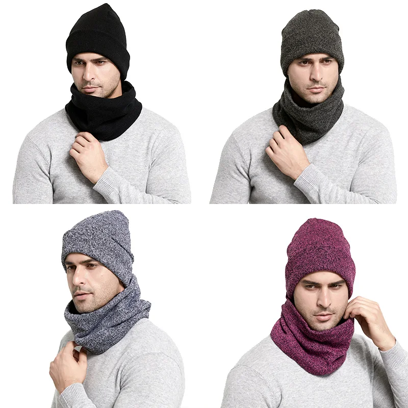 Winter Men Hats Scarf Set Keep Warm Thick Knitted Caps Winter Accessories Male Beanie Scarf Autumn Thicken Hedging Cap