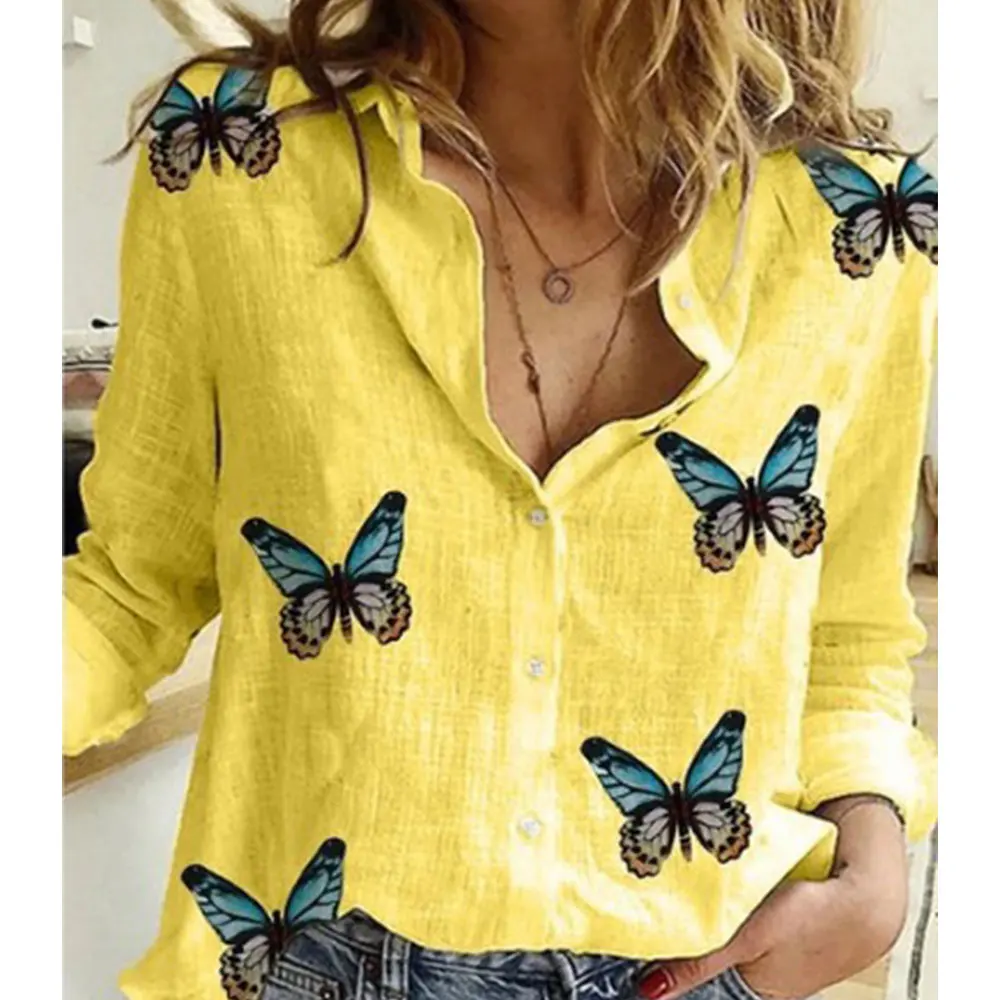 Gentillove Autumn Long Sleeve Casual Loose Shirt Women Elegant Butterfly Floral Print Tops and Blouses 2020 Vintage Cotton Tunic