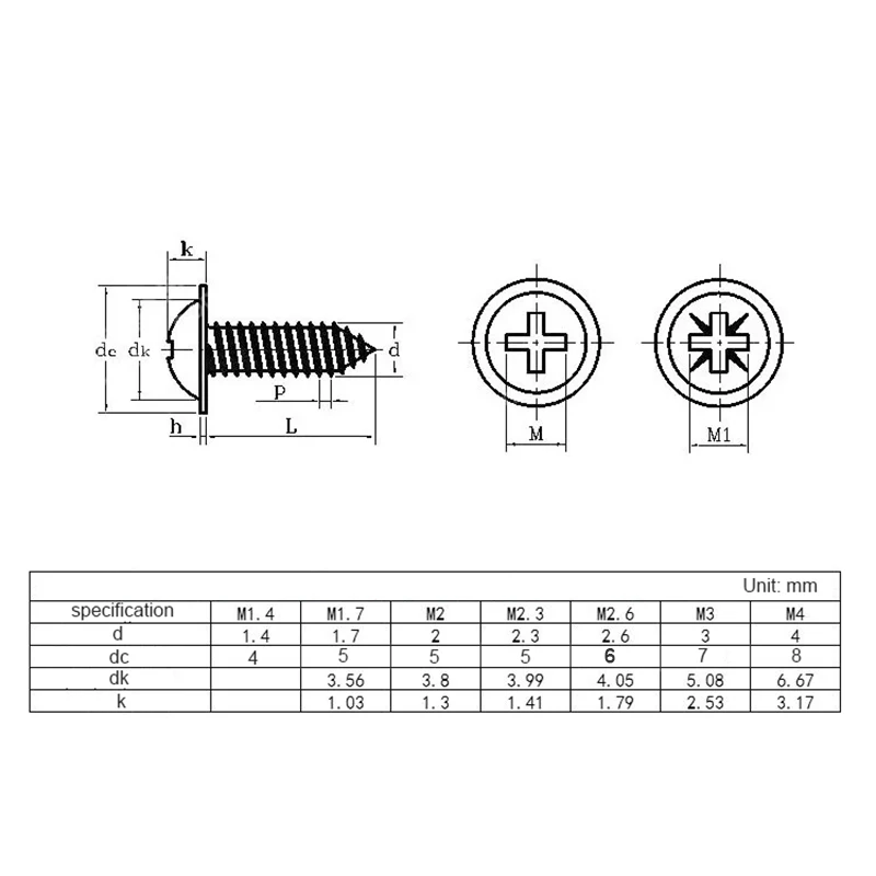 LUHUICHANG 100pcs PWA Cross Round Head with Washer Self Tapping Screw M1.7 M2 M2.3 M2.6 M3 M4 Carbon Steel Phillips Screw