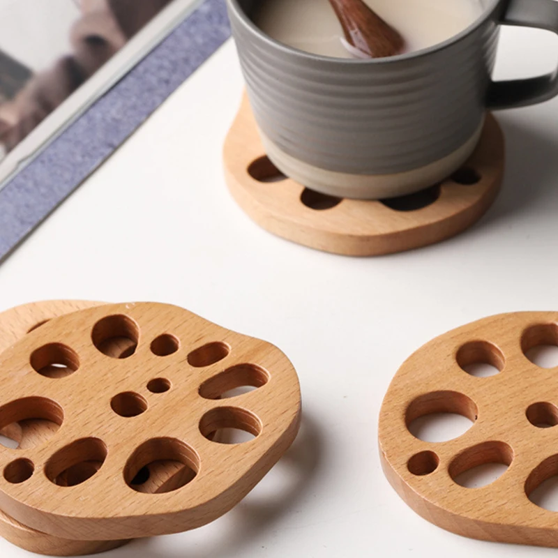 Beechwood Solid Wood Crepe Coaster Coffee Tea Cup Pad Placemats Decor Lotus root Shape Durable Heat Resistant Drink Mat