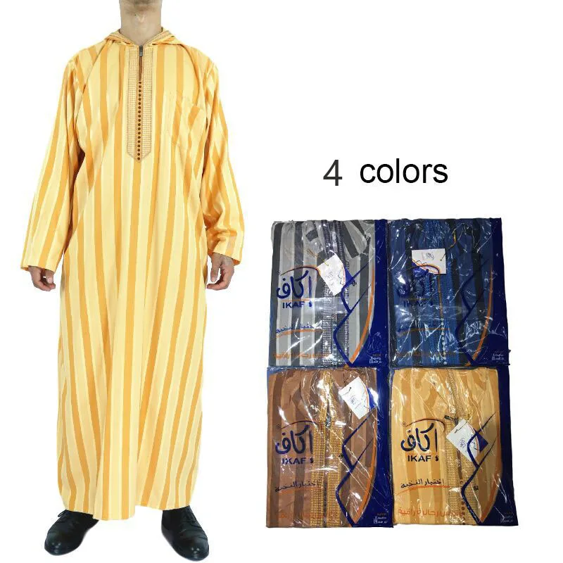 New Qatar Muslim Moroccan Long Sleeve Hooded Design Islamic Men\'s Cotton And Linen Stripe Robe Arabic Kaftan Men Worship Abaya