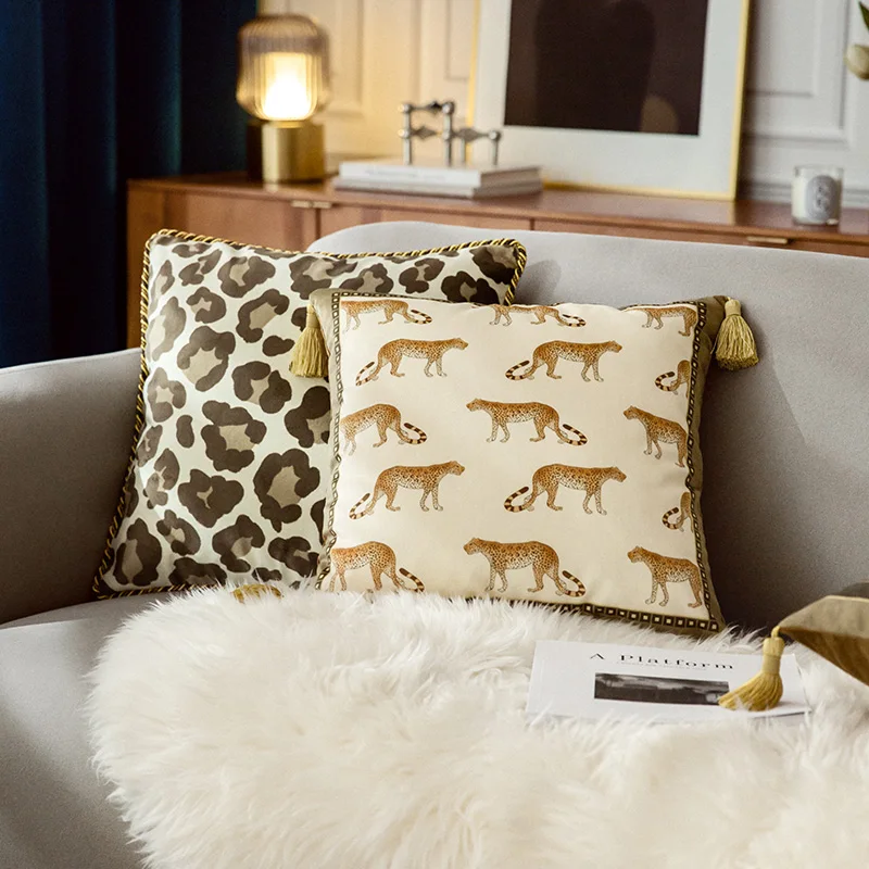 Leopard Throw Pillow Covers, Square Pillow Case, Abstract Africa Animal Couch, Beige Velvet, 18x18 Inch, 45x45cm