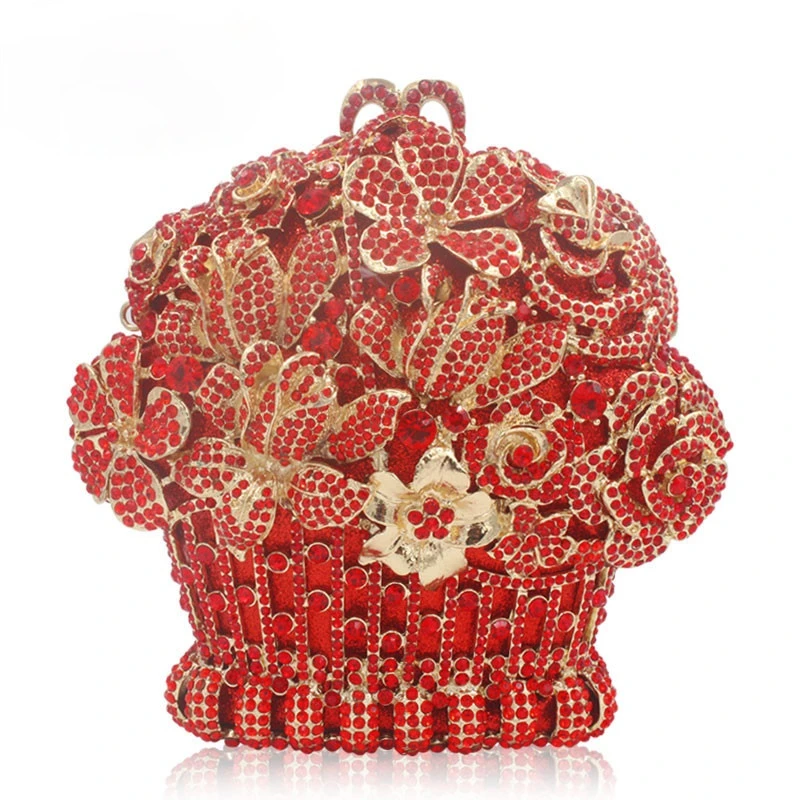 Luxury Gold Rhinestone Flower Basket Shape Diamond Clutch Purses For Women Wedding Prom Party Bag