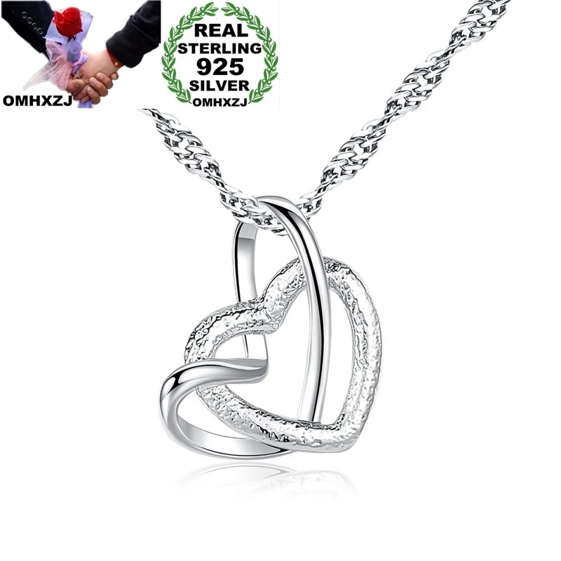 OMHXZJ Wholesale NA326 European Fashion Woman Girl Party Birthday Wedding Gift Double Heart 925 Sterling Silver Pendant Necklace