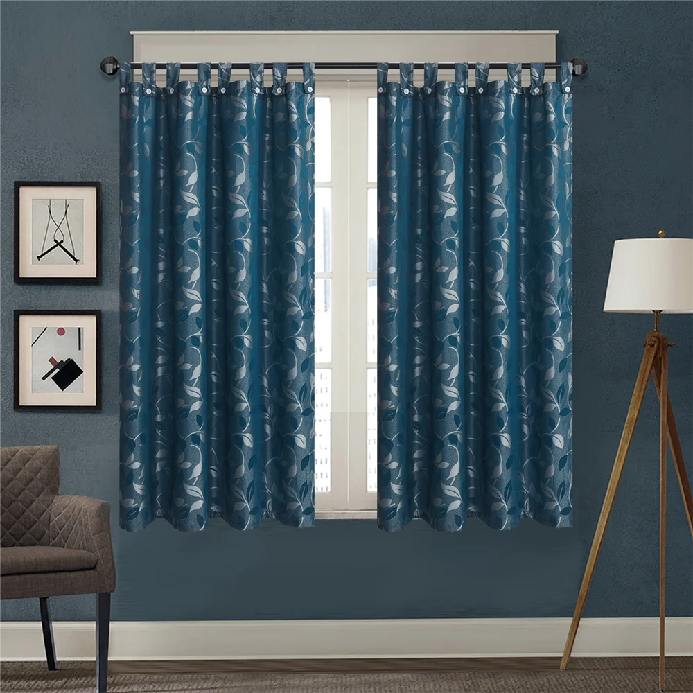 Big Leaf Short Blackout Curtains for Living Room 1 Piece Blue Durable Polyester Bedroom Panels with Button Sling 8526