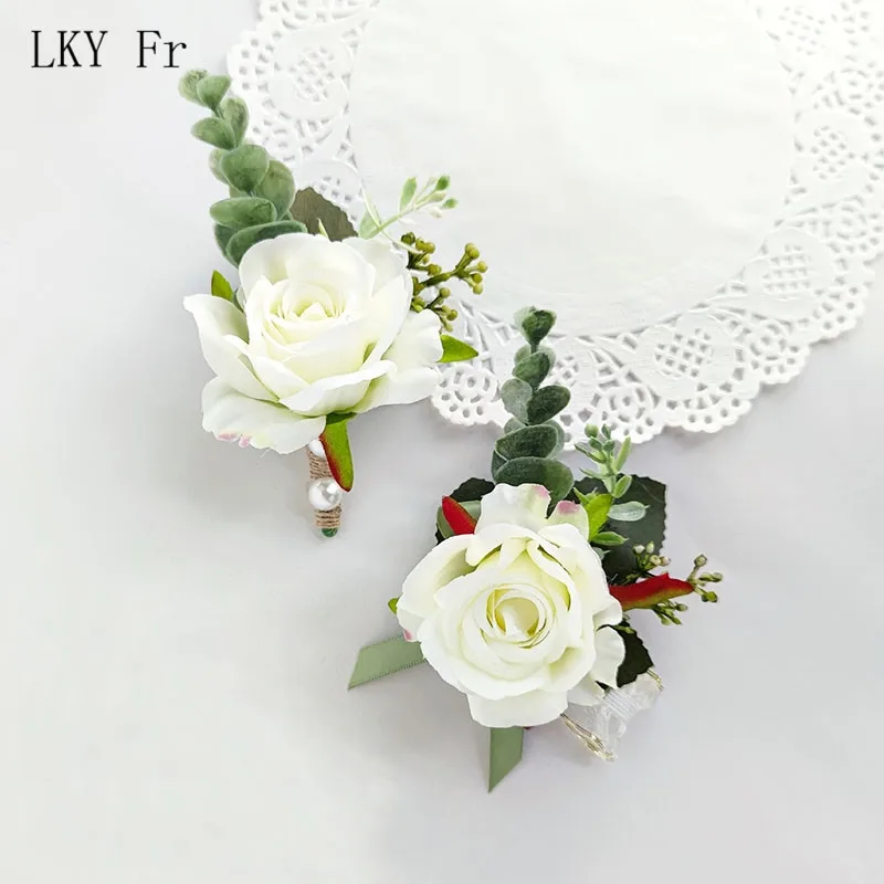 LKY Fr Boutonniere Pin Wedding Corsage Bracelet Bridal White Pink Roses Silk Flower Marriage Accessories Groom Buttonhole Brooch