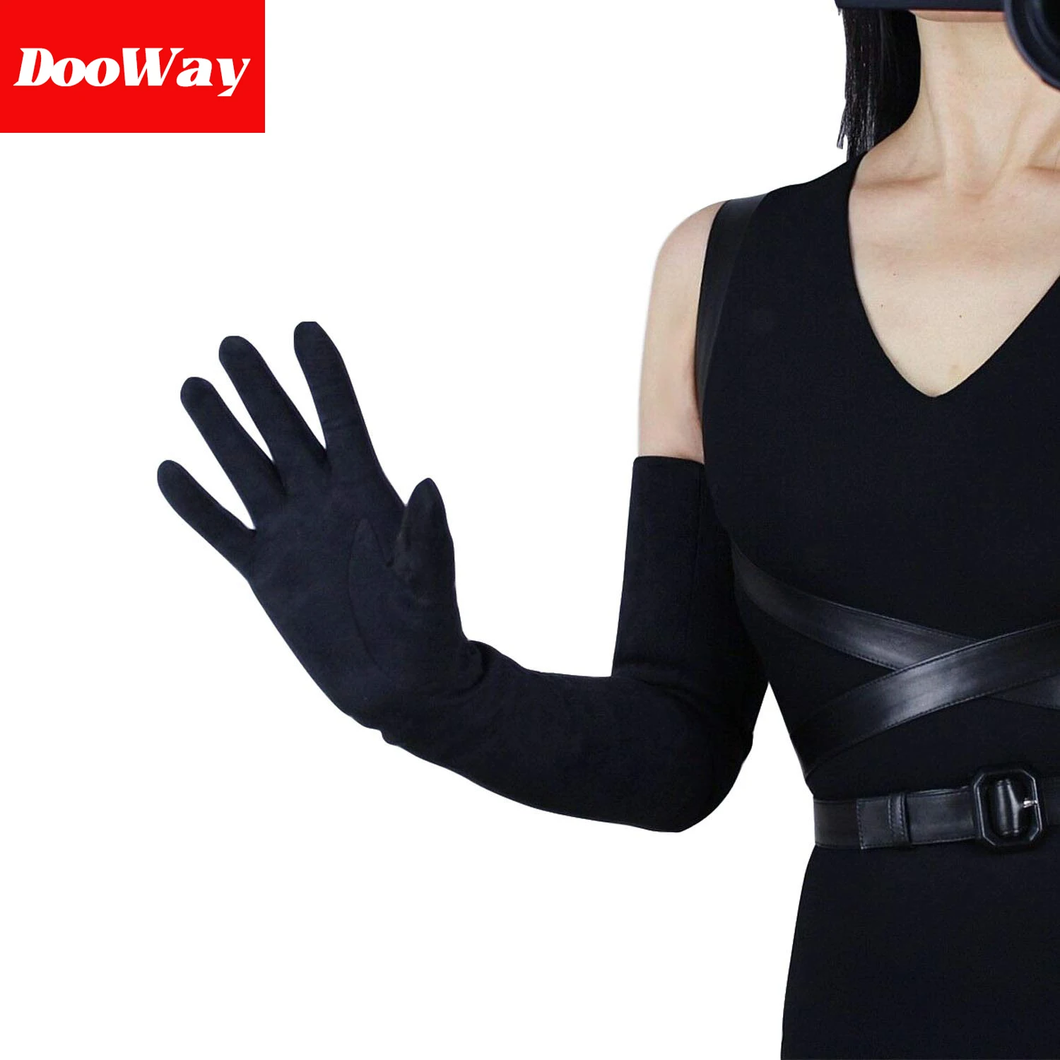 DooWay guanti in pelle scamosciata nera da donna Super lunghi 70CM fatti a mano sfoderati moda calda sera Party Dressing Nightclub Finger Glove