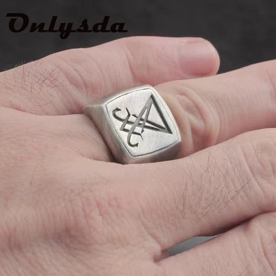 Onlysda Gothic Lucifer Seal of Satan Signet Rings Punk Stainless Steel Seal Rings Men and Women Pagan Jewelry Party Gift OSR918