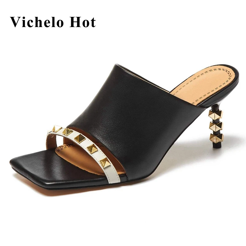 

Vichelo Hot summer genuine leather square toe strange style mules rivets gentlewoman slip on outside slipper med heels shoes L18