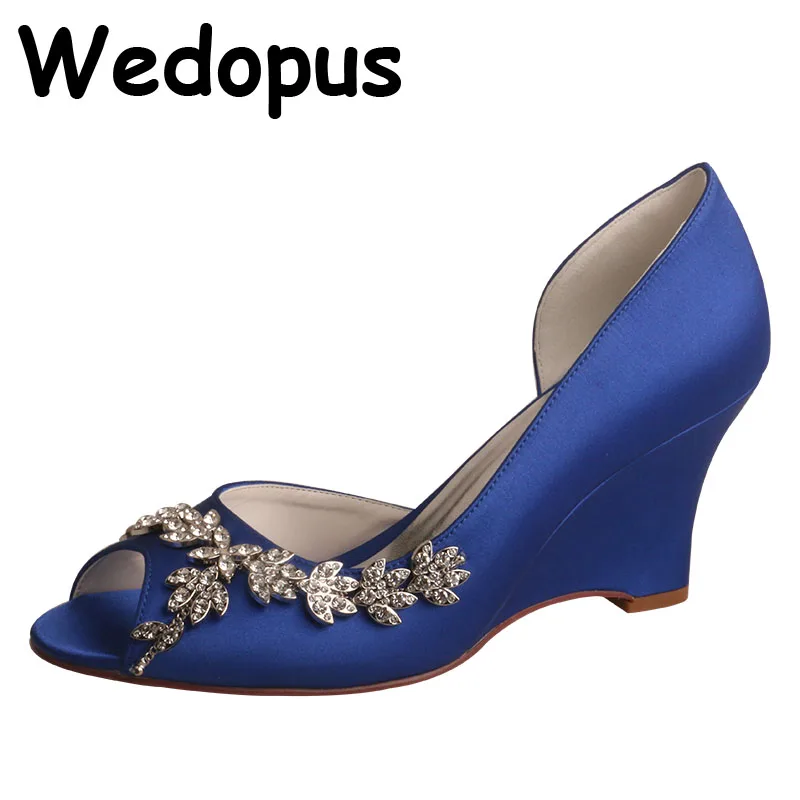 

23 Colors Rhinestone Wedge Shoes Royal Blue Evening Party Pumps Peep Toe 7.5CM