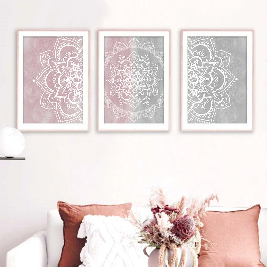 Symmetrical Mandala Pattern Wall Art Canvas Painting Print Blush Pink Gray Mindfulness Gift Bohemian Poster Yoga Room Home Decor